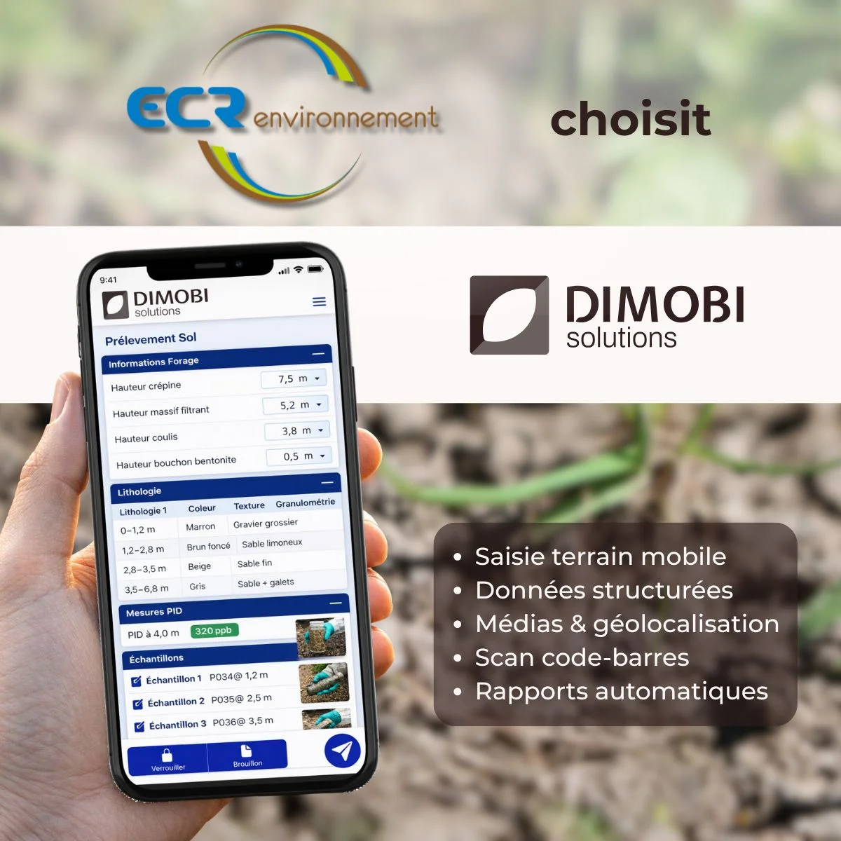 ECR Environnement choisit DIMOBI Solutions : une fiche de prélèvement de sol saisie sur téléphone.